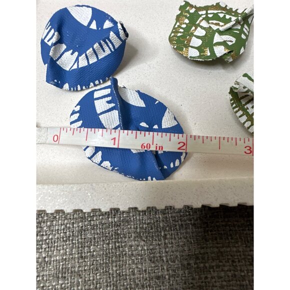 Handcrafted Leaf Clip-On Earrings Set of 2 Blue & Green Fabric Abstract Pattern - Picture 3 of 3
